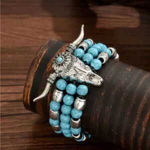 NWT Turquoise Beaded Bracelet with Silver Bull Head, 3 pieces